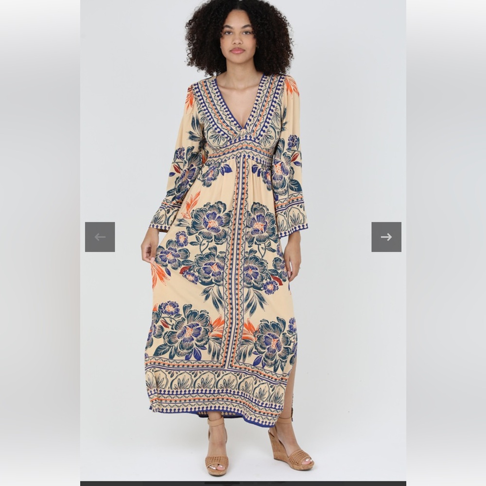 Angie Cream Maxi Dress with Blue & Orange Floral Print